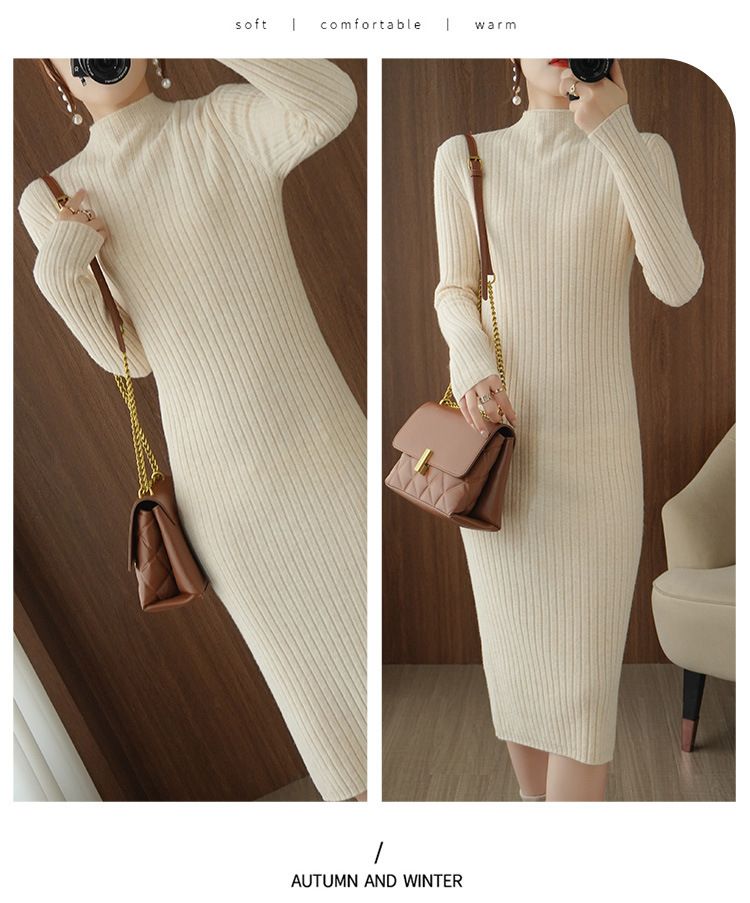2020 Herbst Winter Neuer halber Rollkragenpullover mittlerer Länge Basispullover Verdicktes Wollstrickkleid_voghion.com