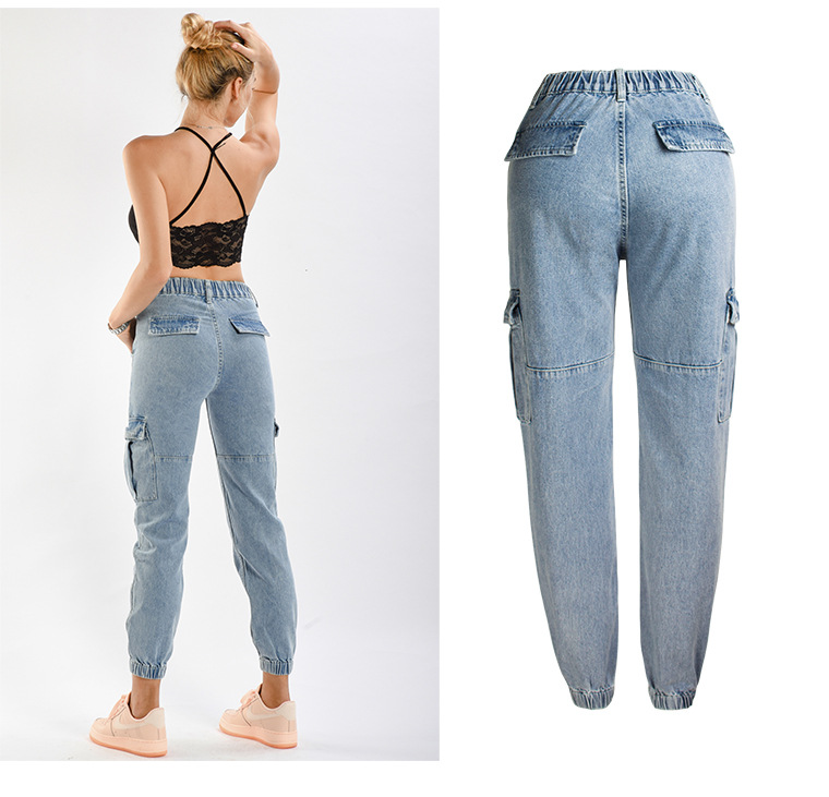 Women's clothing waist jeans Haren pants loose wide leg elastic waist large pocket cargo jeans_voghion.com