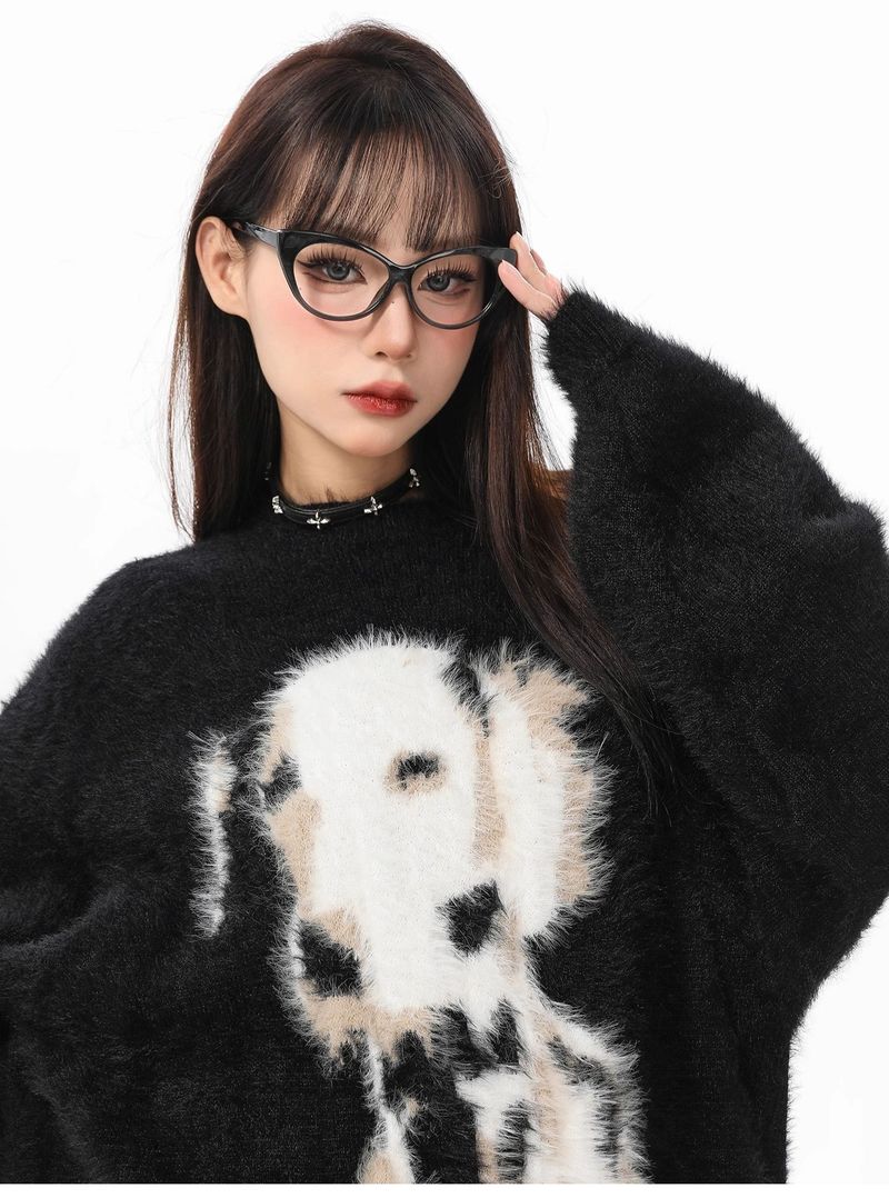 Suéter de terciopelo de visón con lunares negros para mujer, suave y holgado, de mohair, de longitud media, para otoño e invierno._voghion.com