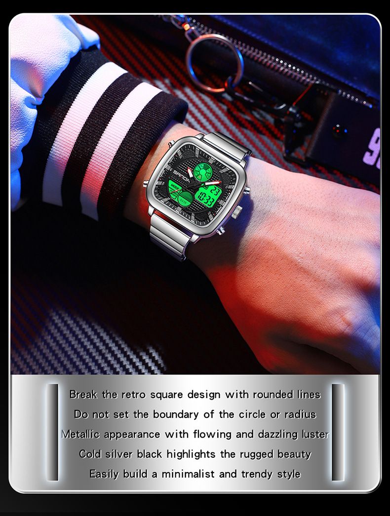 Digitaal analoog quartzhorloge voor heren met dubbel uurwerk, waterdicht, lichtgevend, roestvrijstalen band, alarm, stopwatch, dag-datumweergave_voghion.com