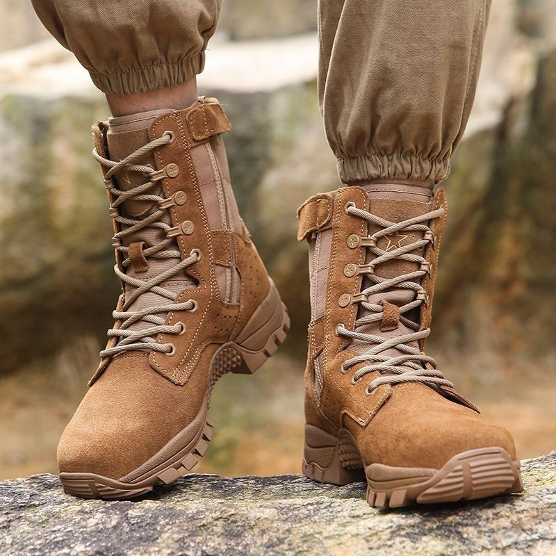 Waterproof Cowhide Shoes Fashion Side Zipper Lace-up Boots Outdoor Hiking Climbing Boot Wear-resistant Non-slip Shoe_voghion.com