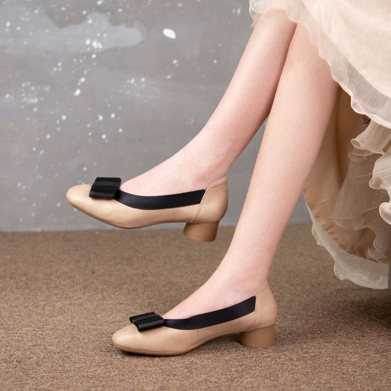 Oberschicht aus echtem Rindsleder, vielseitige Damenschuhe mit mittelhohem Absatz und flacher Öffnung und Schleife für Pendeln und Arbeit_voghion.com