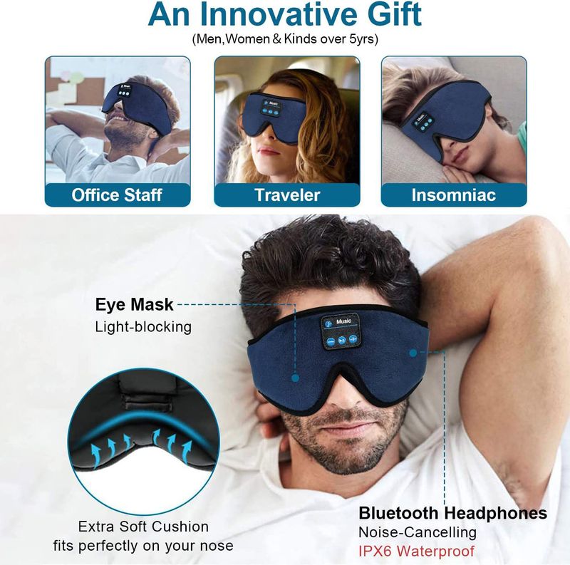 Cuffie per dormire 3D Bluetooth 5.0 Fascia per la testa Artefatto per dormire wireless Maschera per gli occhi traspirante Musica Auricolari per chi dorme di lato Regali_voghion.com