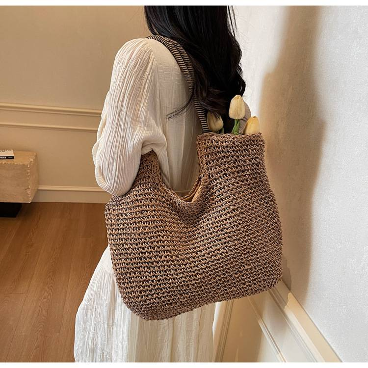 Borsa intrecciata a mano Borsa da spiaggia con fiocco carino Borsa da spiaggia alla moda Borsa da spiaggia monospalla in paglia Borsa da festa_voghion.com