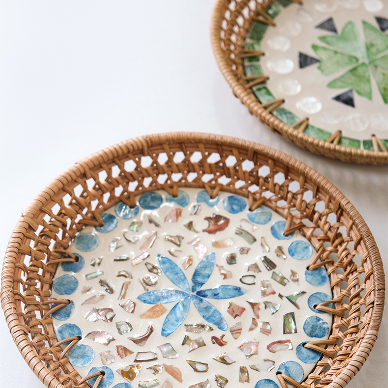 Natürliches Rattan-Muscheltablett, handgefertigt, kreativ, bunt, Muschel, Obsttablett, Snacktablett, Teetablett, Aufbewahrungstablett_voghion.com