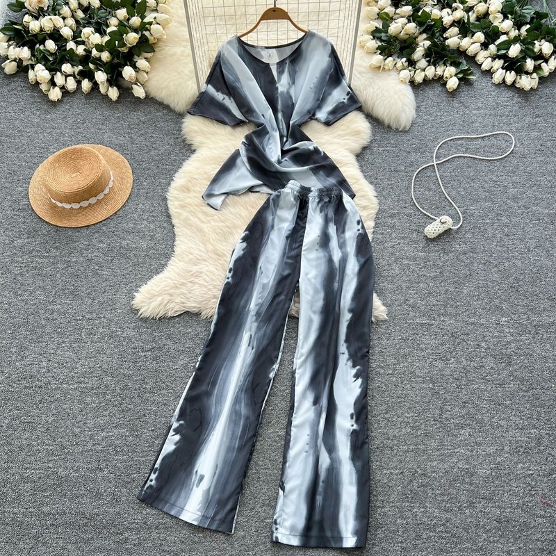 Women's Clothing Two Piece Suit Cross Waist Round Neck Short Sleeves Printed Top High Waist Casual Wide Leg Pants_voghion.com