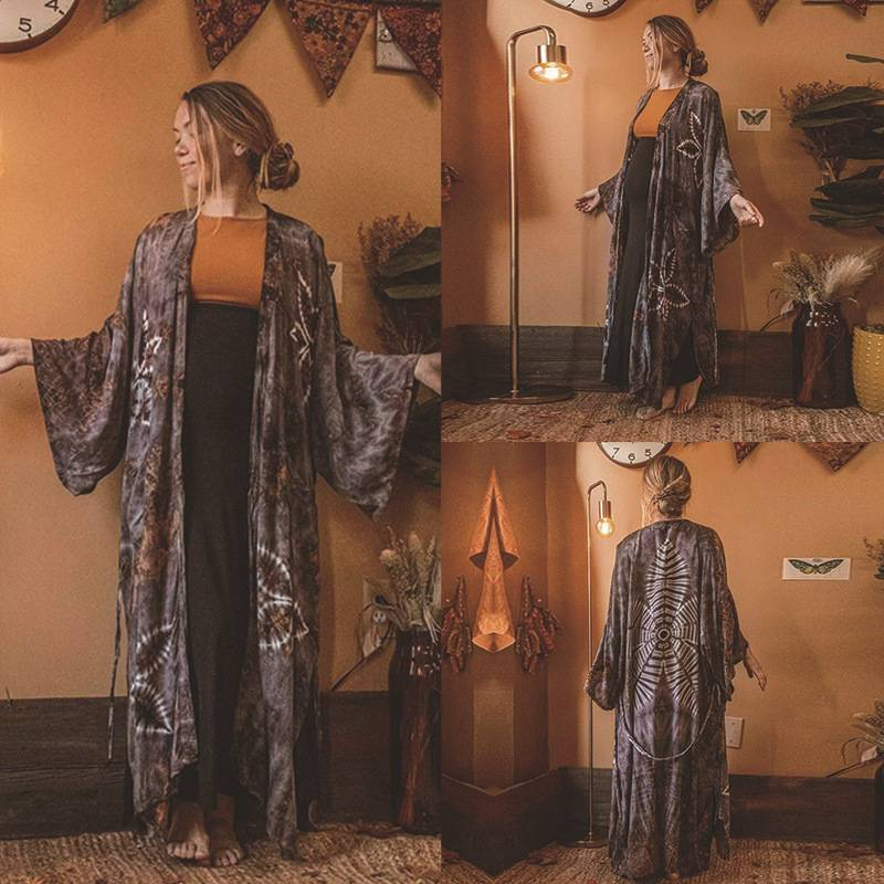 Rayon Beach Cover-Up – Lightweight Sun Protection Kimono With Allover Print (One Size, Dark Gray, Swimwear Wrap, Resort Wear, Bikini Cover)_voghion.com