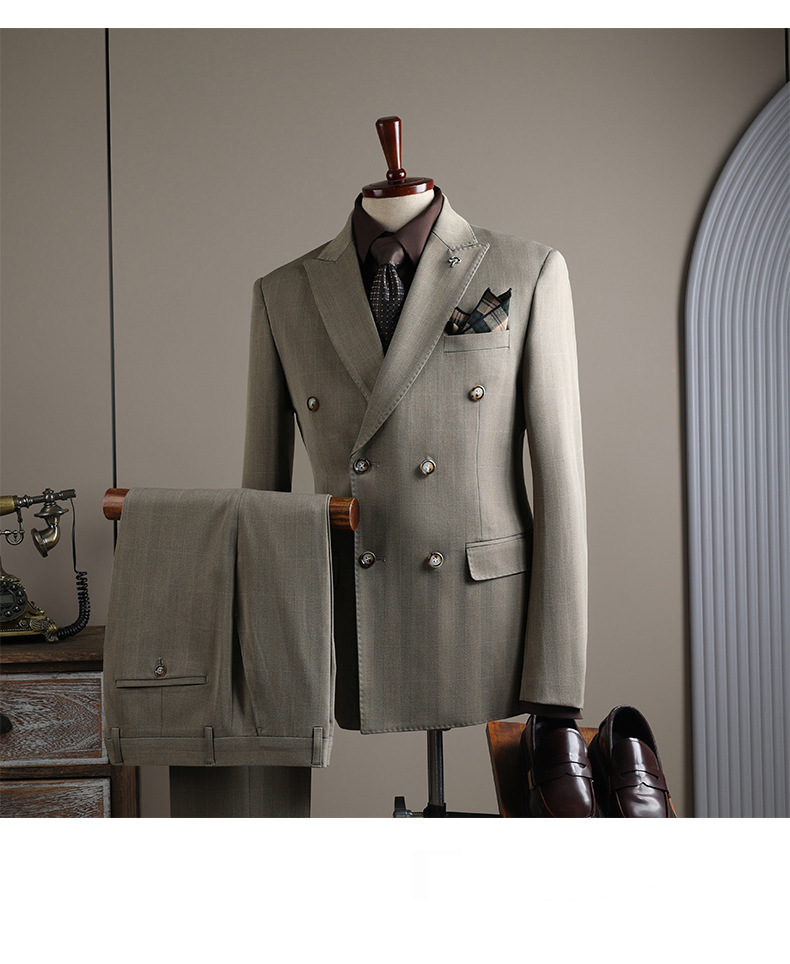 Herrenbekleidung, zweireihiges kariertes Anzug-Set, Slim Fit, Business-Blazer und Hose für Hochzeiten, formelle Anlässe (Jacke + Weste + Hose optional)_voghion.com