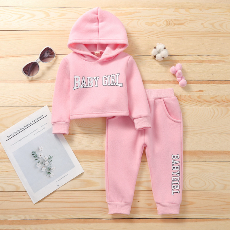 Printemps et automne coréen nouvelles filles lettre impression courte à capuche pull décontracté pantalon deux pièces ensemble_voghion.com