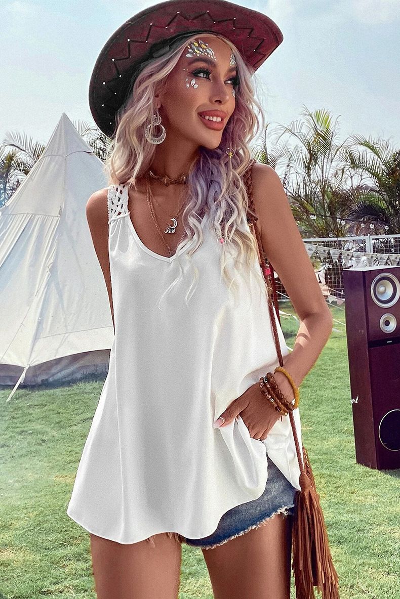Camiseta sin mangas holgada con escote en V y encaje en la espalda para mujer, novedad de verano 2025_voghion.com