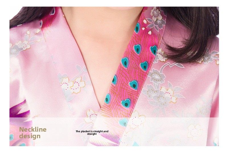 Peacock Peony Printed Children's Nightgown, Summer Girl Long Ice Silk Thin Style, Home Bathrobe Cardigan Design--Size 6 (90-100cm)_voghion.com