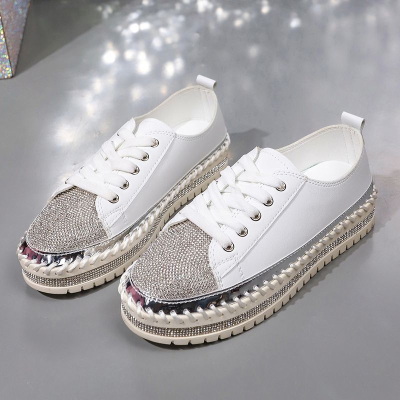 Scarpe piccole bianche con strass autunno nuovo tondo testa spessa fondo muffin mocassini scarpe lacci delle scarpe_voghion.com
