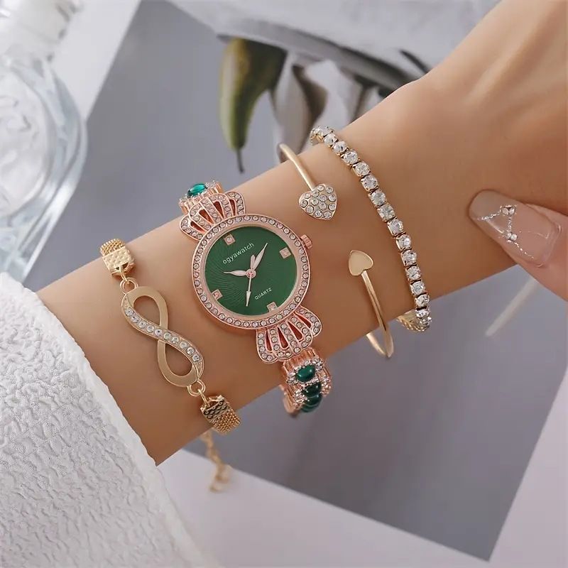 Fashionable and versatile diamond studded steel bracelet watch + heart studded diamond bracelet set for women_voghion.com