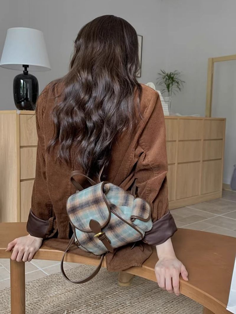 Vintage Woolen Velvet Whi Checkered Autumn Winr College Style Student Backpack For Women Commuting Simple British_voghion.com