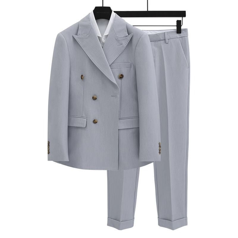 CT British Style New Solid Color Slim Fit Double-Breasted Blazer Suit Men's Trendy Fashion Two-Piece Set_voghion.com
