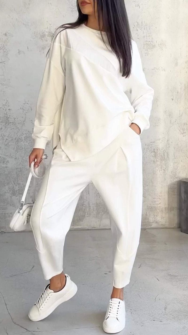 Women's Oversized Drop-Shoulder Sweatshirt & Jogger Set – Streetwear Lounge Wear With Asymmetrical Hem_voghion.com