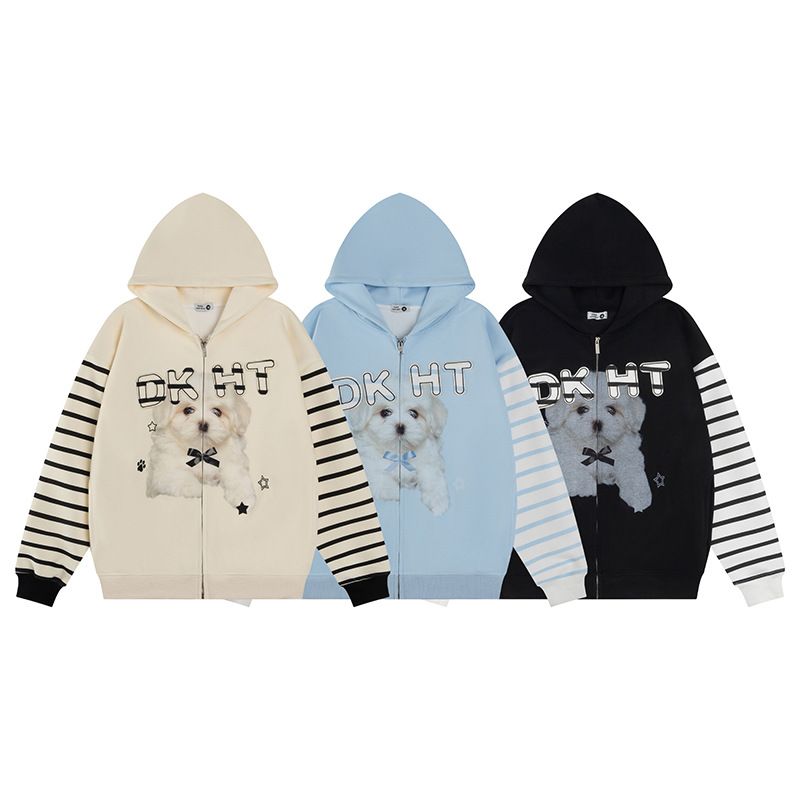 American Puppy Striped Raglan Sleeve Hooded Sweatshirt Jacket For Women And Men 2025 Autumn Loose Lazy Style Hoodie_voghion.com
