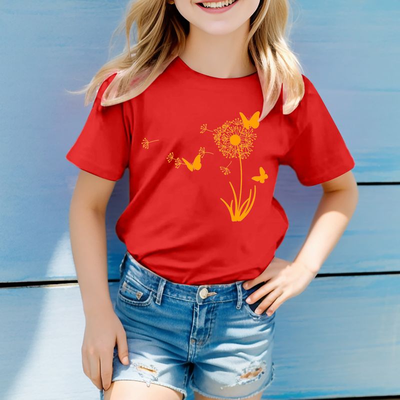 Madre y niños 2024 Verano Comercio exterior Ropa para niños Nuevo diente de león Estampado lindo Camiseta con cuello redondo para niños Top de manga corta para niños_voghion.com
