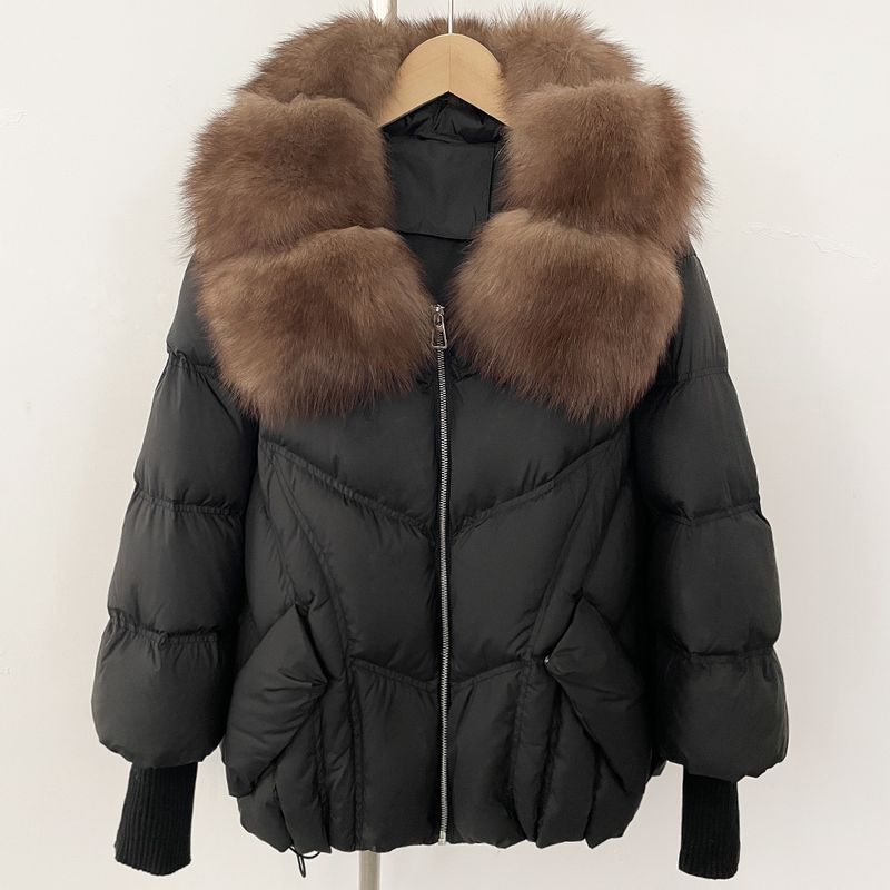 Giacca di lusso con collo in pelliccia di volpe per donna – Cappotto in piuma d'anatra bianca di alta qualità, capospalla invernale spesso e caldo_voghion.com