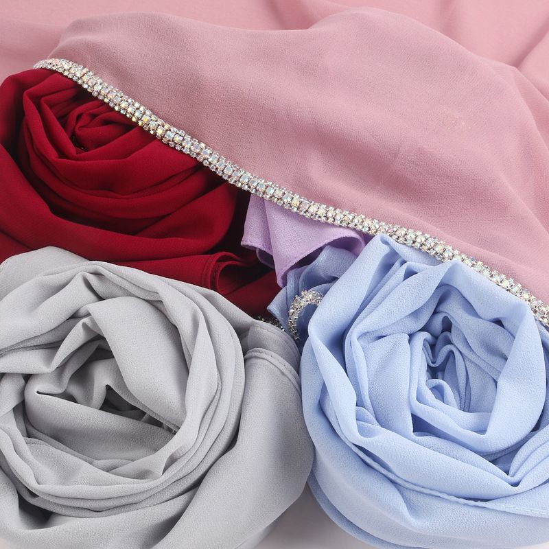 New Rhinestone Chain Long Scarf Hui Ethnic Shawl Malay Headscarf Chiffon Solid Color_voghion.com
