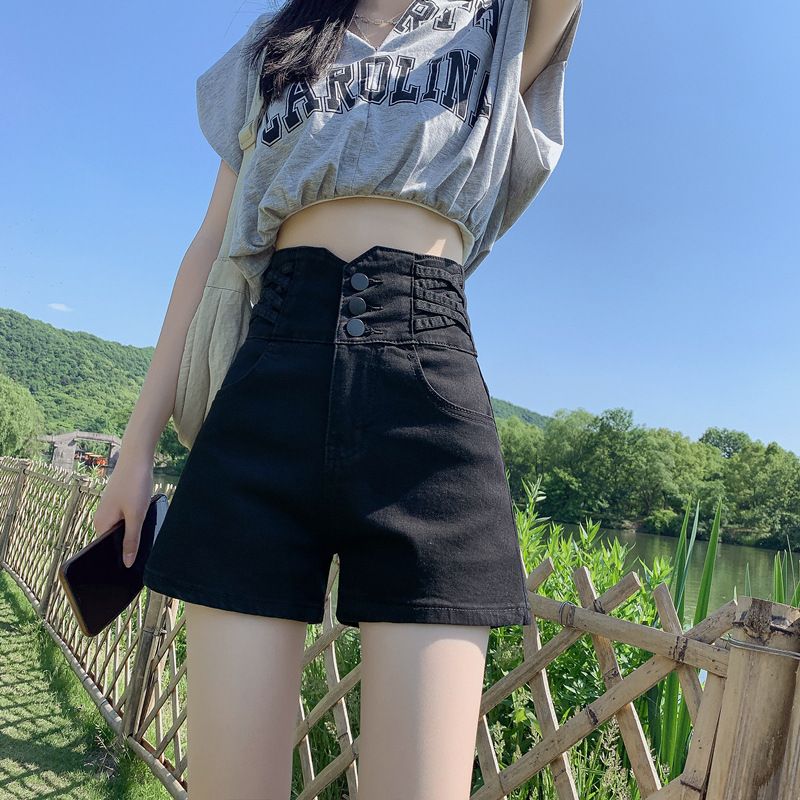 Pantaloncini in denim elasticizzati versatili a vita alta 2025 per donna, nuovi pantaloni corti snellenti a linea A con tre file di bottoni_voghion.com