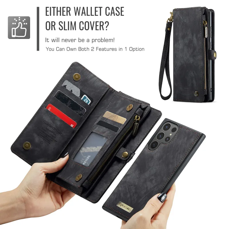Custodia per Samsung Galaxy S25 S24 Ultra Plus Portafoglio Porta Carte con Cerniera Cinturino in Pelle PU Flip con Porta Penna Custodia Anti-RFID_voghion.com