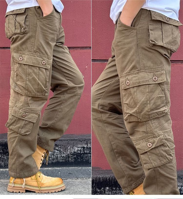 Pantalones cargo multibolsillos para exteriores para hombre, de algodón puro, informales, resistentes al desgaste, para trabajo, protección laboral, talla grande, holgados, rectos, largos._voghion.com