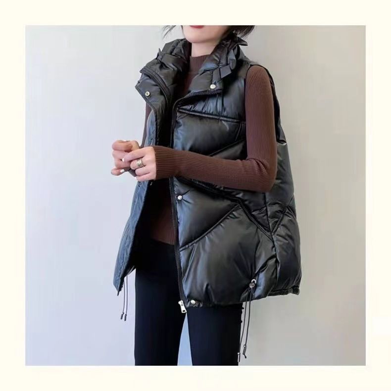 Gilet trapuntato leggero da donna, giacca senza maniche con collo alto, capospalla casual in stile coreano, nero e champagne_voghion.com