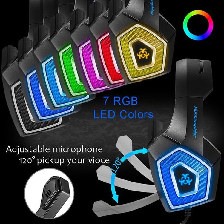 V1 3,5 mm RGB fargerikt lysende ledningsstyrt spillheadset, kabellengde: 2,2 m (svart rød)_voghion.com
