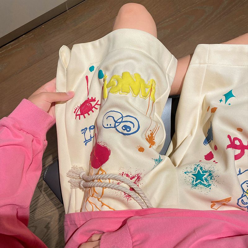 Pantalones cortos deportivos con grafiti de primera calidad para hombre, de verano, de marca, de gran tamaño, estilo urbano, con efecto dopamina a juego._voghion.com