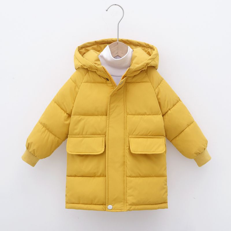 Giacca unisex in cotone di media lunghezza per bambini, con cappuccio e spessa (nero/bianco sporco/rosa/blu denim/bordeaux, 90-140 cm)_voghion.com