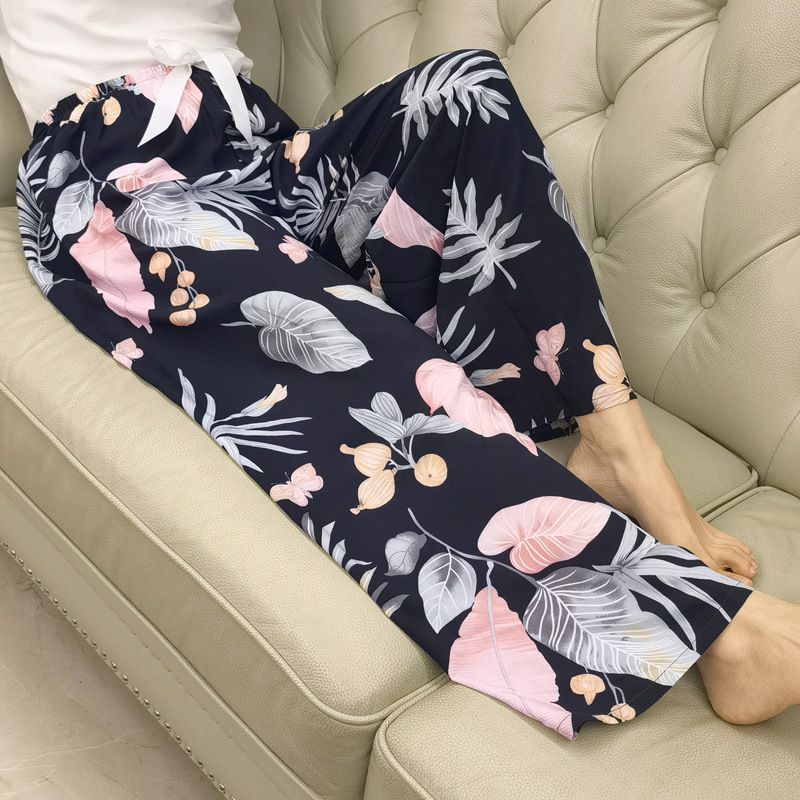 Cotton Silk Pajama Pants Women's Summer Thin High Waist Wide Leg Pants Spring and Autumn Outer Wear Artificial Cotton Beach Pants Plus Size Trousers_voghion.com