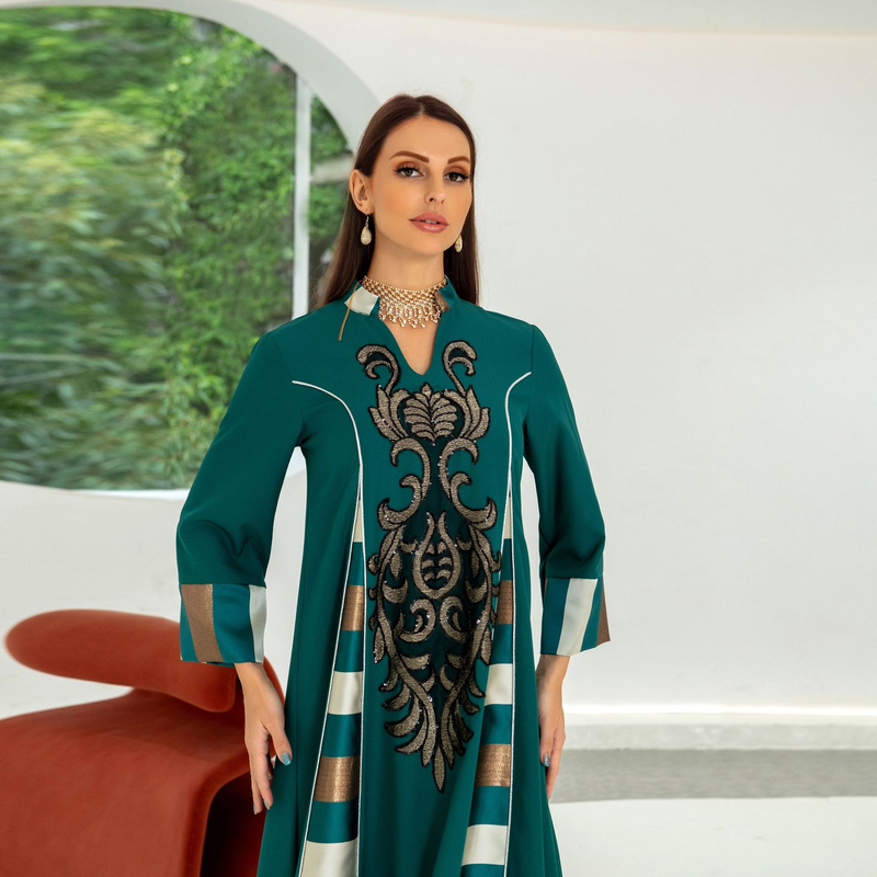 Kvinders broderede stribede abaya muslimske muslimske abaya_voghion.com