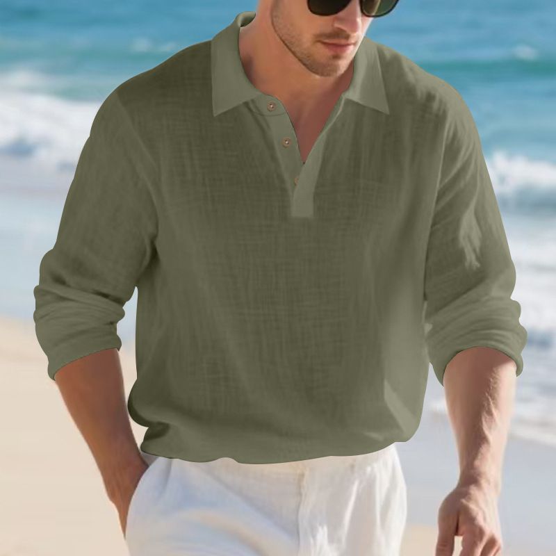Herren-Leinenhemd mit Knopfleiste – Relaxed Fit Langarm-Polo mit Stehkragen (S-XXXL, atmungsaktiv und knitterfrei, Marineblau/Schwarz/Khaki)_voghion.com