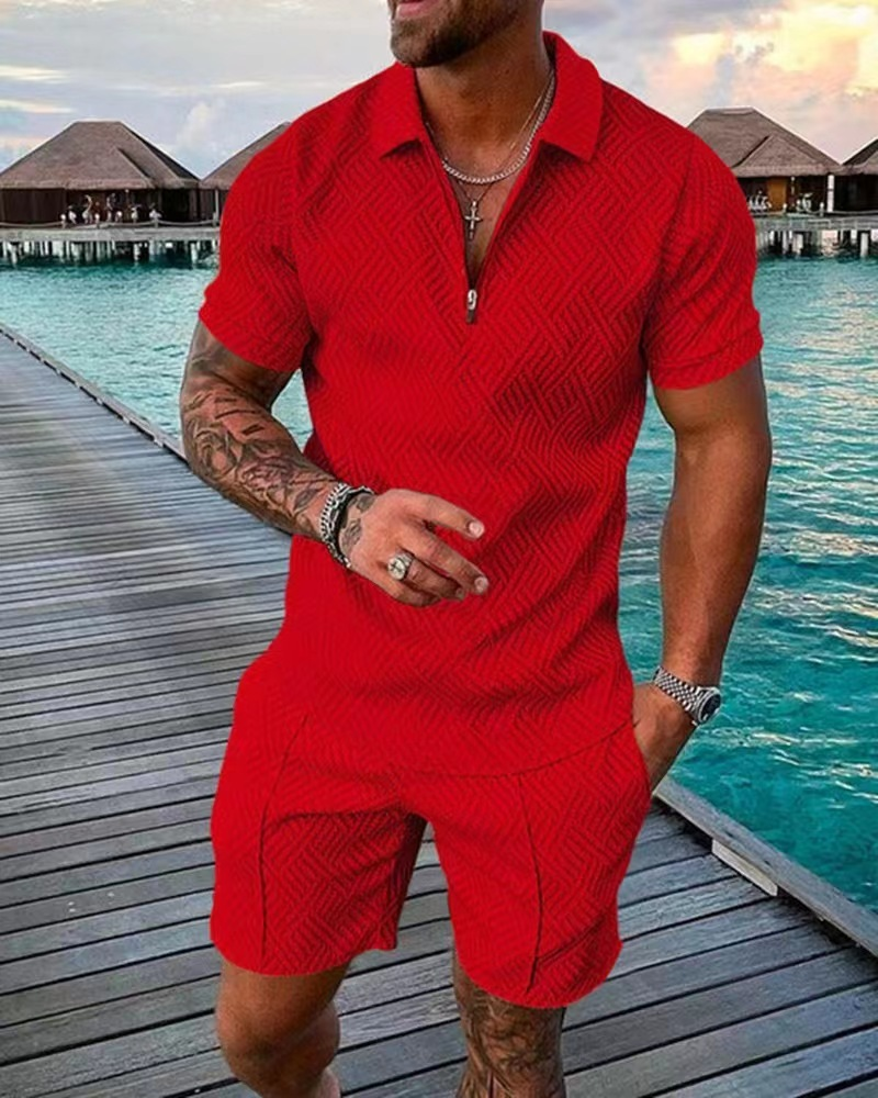 2025 New Summer Men's Shorts Set Short Sleeve Zip Polo Shirt Street T-shirt Two Piece Casual Sportswear_voghion.com