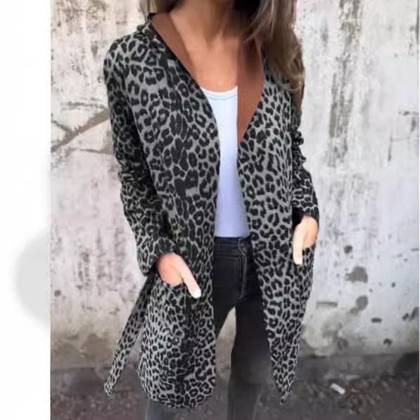2024 New Hooded Jacket Leopard Print Cardigan Belt Long Trench Coat_voghion.com