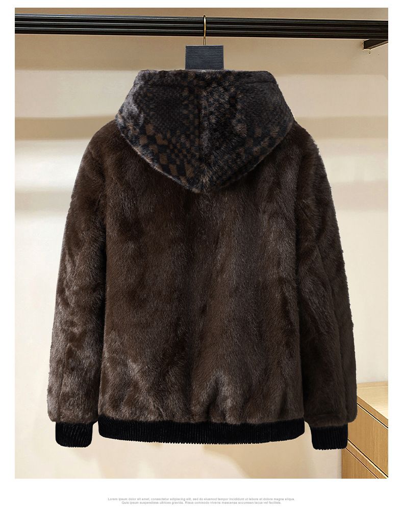 Cappotto in visone sintetico premium da uomo - Giacca invernale con cappuccio, pelliccia di montone color oro e design color-block_voghion.com