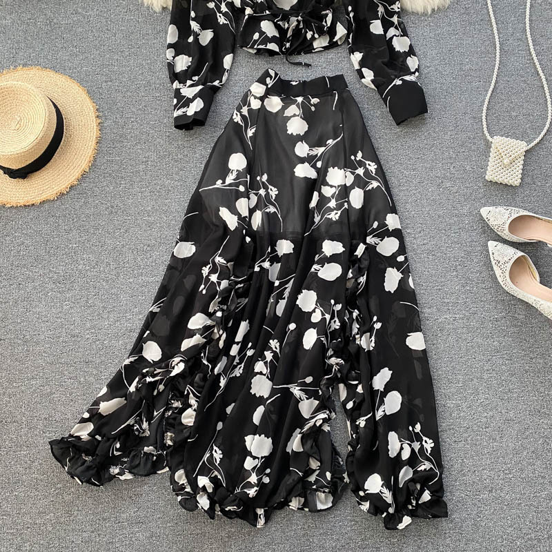 Chemise courte en mousseline de soie imprimée de style resort pour femmes, avec jupe fendue à bords d'oreilles funky, ensemble deux pièces tendance_voghion.com