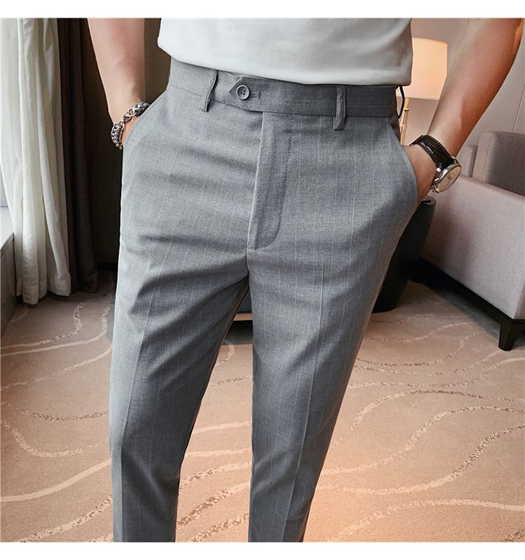 Summer thin men's slim-fitting trousers fashionable striped pants Korean version comfortable micro-elastic small foot_voghion.com