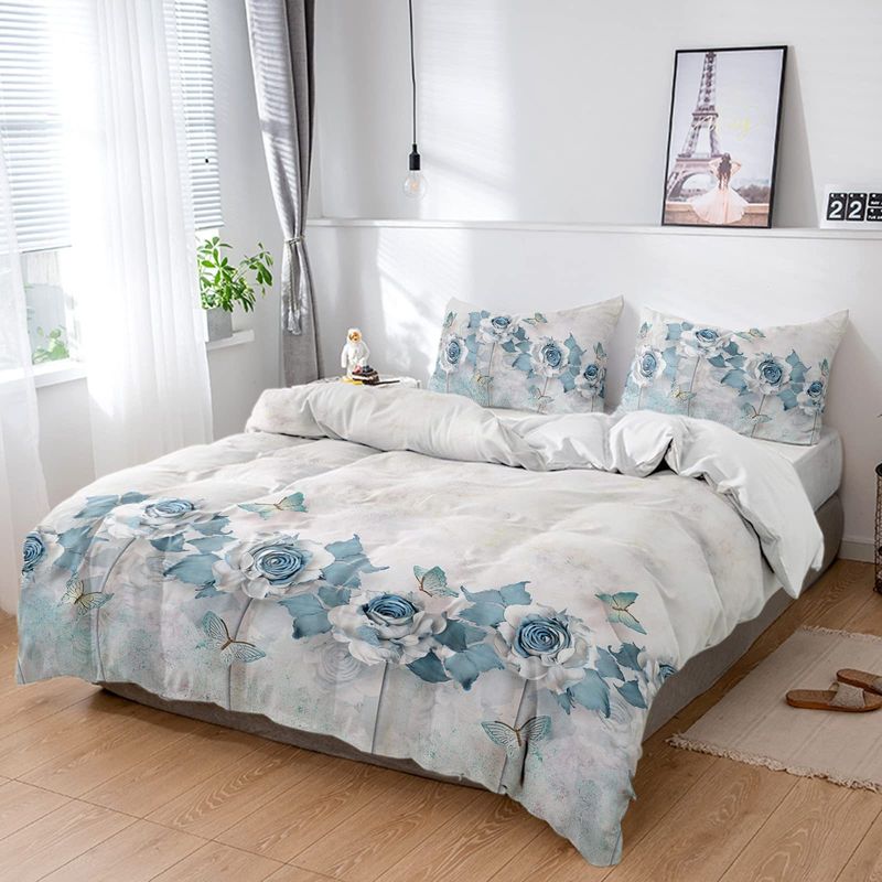 Zestaw pościeli Retro White Floral, trzyczęściowy, poszewka na kołdrę, miękki poliester, faktura frezowanego aksamitu_voghion.com