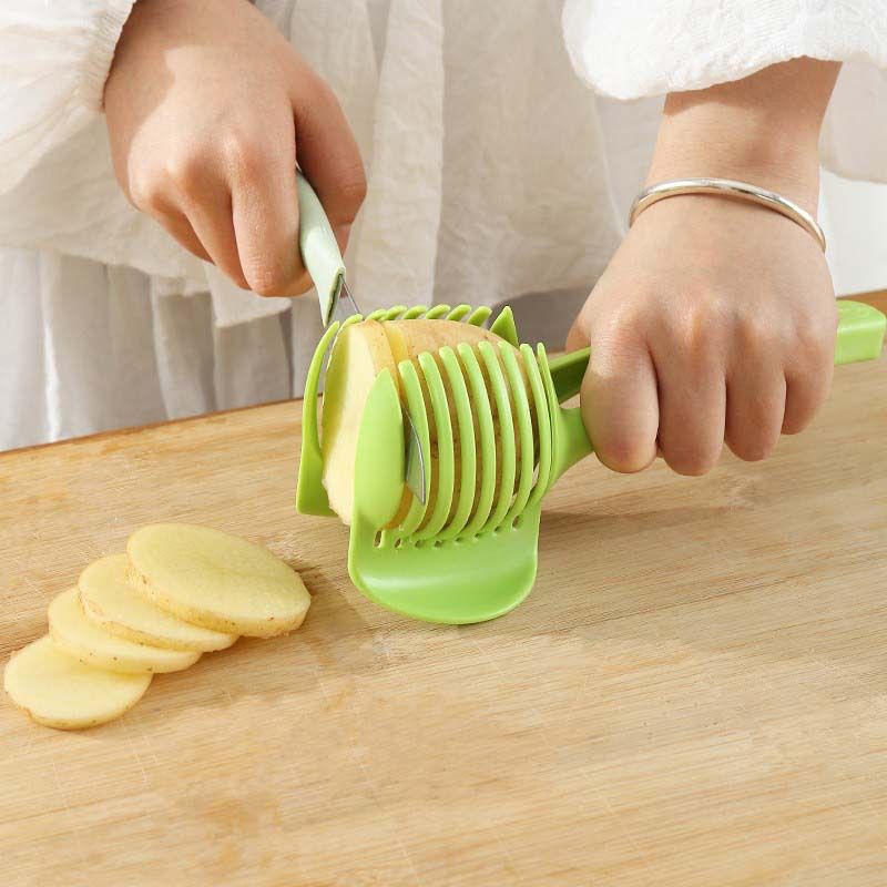 Affettatrice multi-frutta con manico - Tagliapasta in plastica per pomodori, patate e limoni (utensile da cucina 3 in 1 per affettare velocemente, lavabile in lavastoviglie, senza BPA)_voghion.com