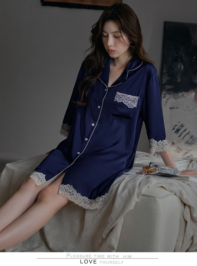 Pijamas femininos, camisola de seda solta de alta qualidade com renda, vestido de camisa de verão feminino, pode ser usado ao ar livre, lazer e conforto_voghion.com
