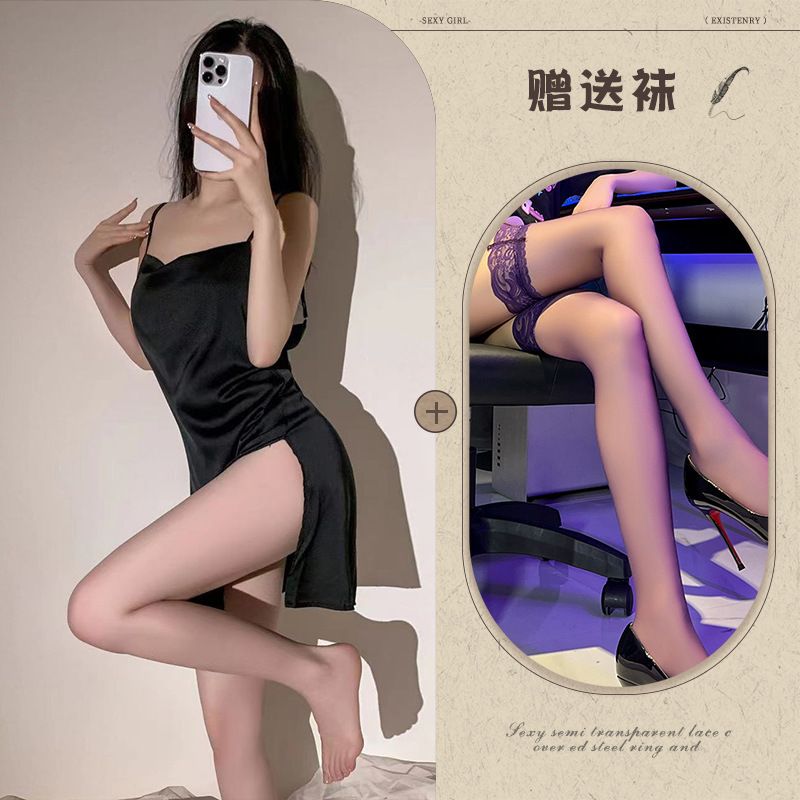 Langpinheng Sexy per donne in pura seta traforata liscia da indossare in casa, lingerie erotica, camicia da notte con spalline calde_voghion.com