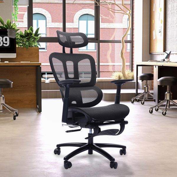 Adjustable Ergonomic Black Mesh Office Chair With Headrest And Footrest, Conference/Computer Desk Chair_voghion.com