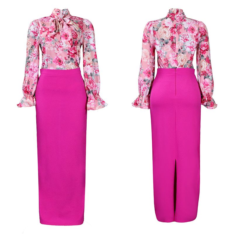 Dameskleding Mode Bedrukt Strappy Shirt met Lange Mouwen Rok Lange Rok Tweedelige Set_voghion.com