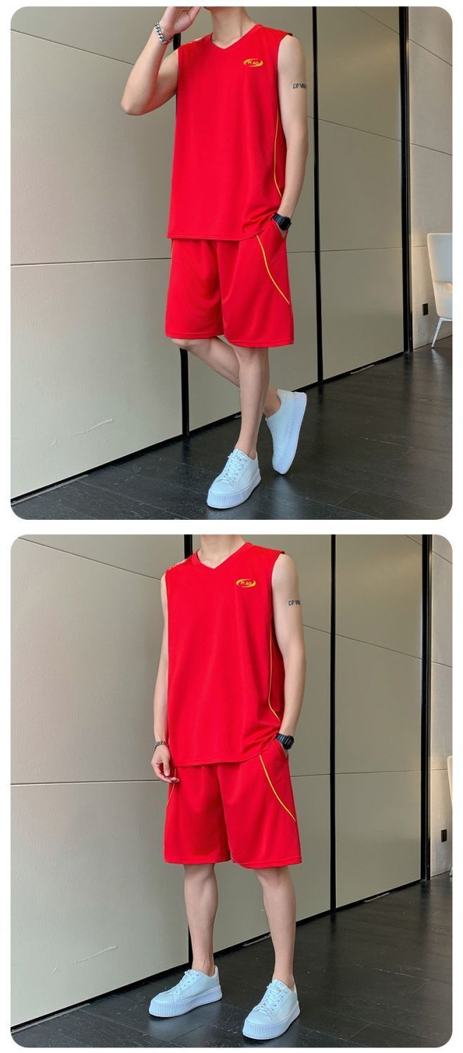 Maglia senza maniche in seta ghiacciata, maglietta sportiva a maniche corte da uomo, pantaloncini a cinque punti ad asciugatura rapida, set estivo da basket_voghion.com