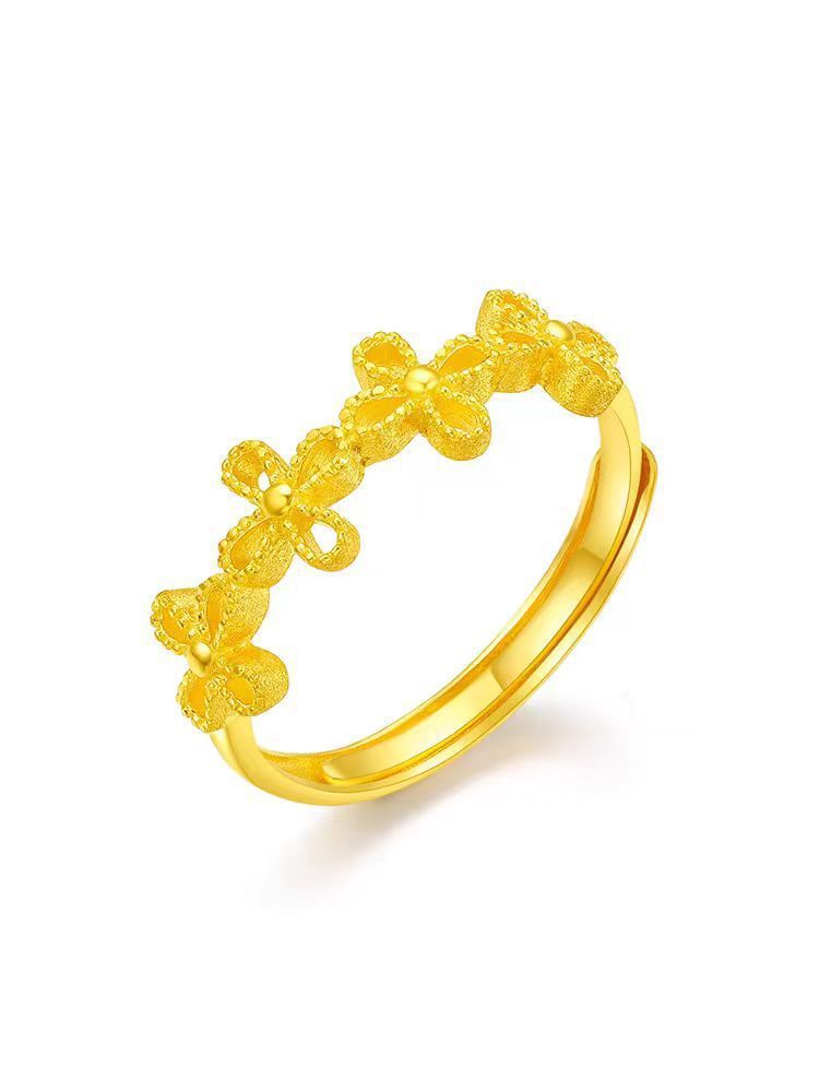 Sand gold pattern sweetheart four-leaf clover ring gold shop with flower lucky grass live mouth ring petal ring_voghion.com