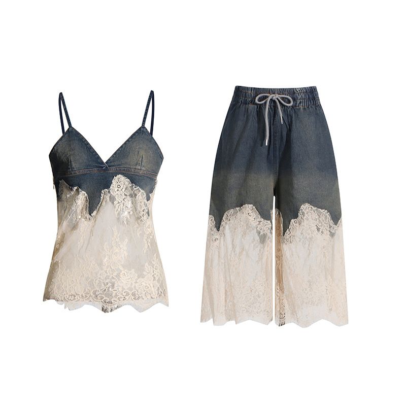 Damenbekleidung Mode sexy Hot Girl Style Sommer neue Spitze Spleißen Hosenträger Top + Kordelzug Denim Mode Shorts_voghion.com