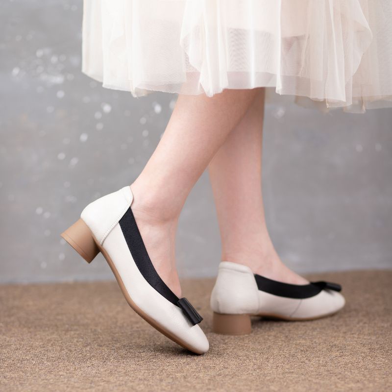 Oberschicht aus echtem Rindsleder, vielseitige Damenschuhe mit mittelhohem Absatz und flacher Öffnung und Schleife für Pendeln und Arbeit_voghion.com