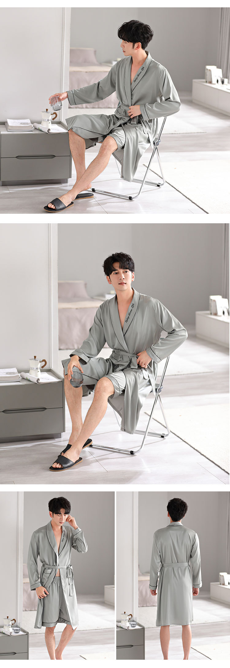 Han Yatong men's green fruit collar robe shorts two-piece satin ice silk spring and autumn home clothes loose and comfortable new products_voghion.com